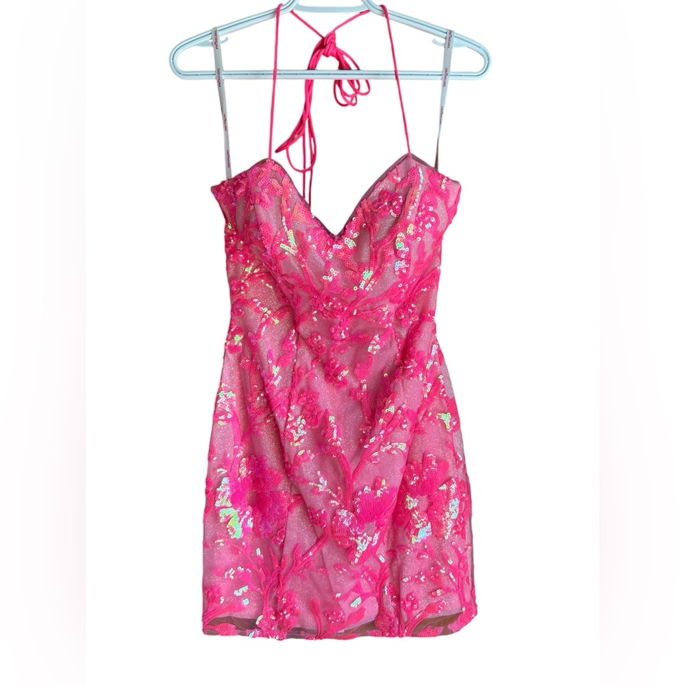 PromGirl Bright Pink Lace-Up Back Short Formal Sequin Dress Size 8